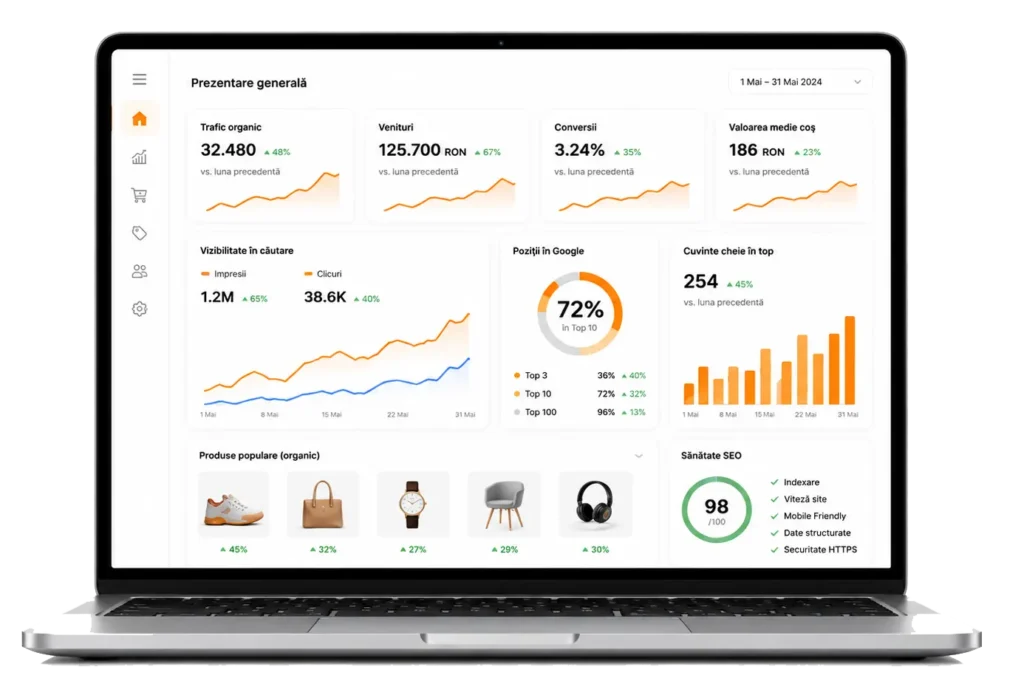 Laptop cu imagine din dashboard-ul unui magazin, arătând rezultatele după procesul de optimizare magazin online.