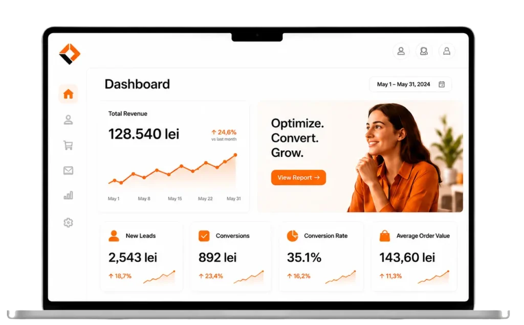 Dashboard anonimizat cu rezultate și creștere conversii după procesul de optimizare site