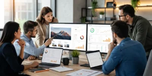 Specialiști analizând performanța unui site pe desktop și mobil