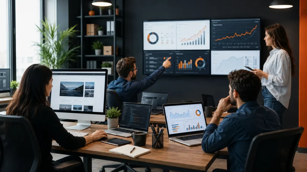 Echipa de servicii SEO de la Agenție SEO Pro implementând optimizări SEO într-un website al unui client.